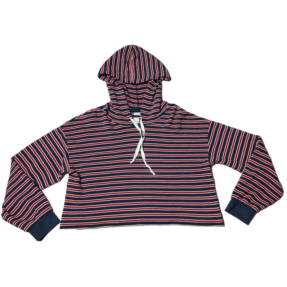 AMERICAN‎ EAGLE Women Large Red Blue Striped SOFT Cotton Blend Cropped Hoodie